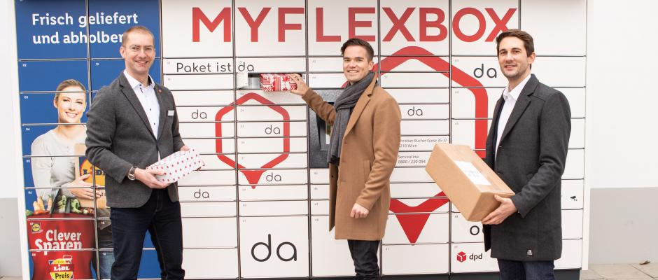 MyFlexBox kooperiert mit Lidl Österreich: Ronny Bauer, Geschäftsführer für den Raum Wien; Peter Klima, Head of Development MyFlexBox; Jonathan Grothaus, Head of Product MyFlexBox