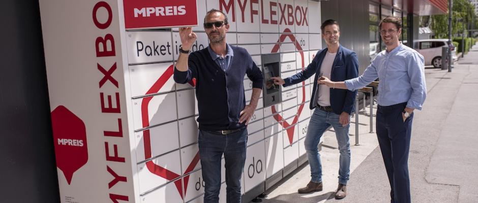 MyFlexBox und MPreis kooperieren: v.l.n.r.: Peter Paul Mölk, Geschäftsführer MPreis, Peter Klima, Head of Development MyFlexBox, Lukas Wieser, Head of Partnerships and Sales MyFlexBox