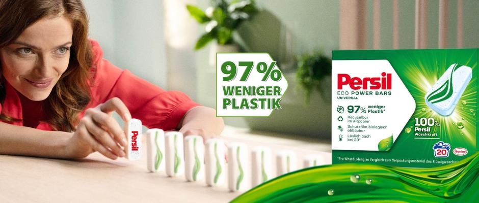 Mit den kompakten „Persil Eco Power Bars“ in der handlichen Kartonverpackung setzt Henkel neue Maßstäbe für nachhaltiges Waschen. 