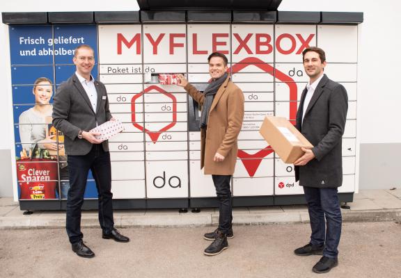 MyFlexBox kooperiert mit Lidl Österreich: Ronny Bauer, Geschäftsführer für den Raum Wien; Peter Klima, Head of Development MyFlexBox; Jonathan Grothaus, Head of Product MyFlexBox