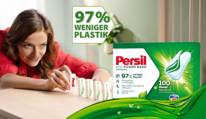 Mit den kompakten „Persil Eco Power Bars“ in der Kartonverpackung setzt Henkel neue Maßstäbe für nachhaltiges Waschen. 