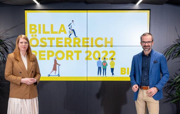 v.l.: Elke Wilgmann, Vorständin Consumer Billa, und Stefan Schiel, Managing Director marketmind, präsentierten die Ergebnisse des aktuellen Billa Österreich Reports 2022